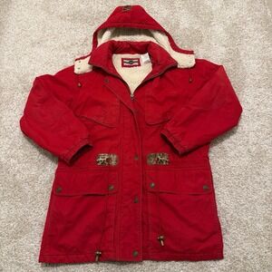 Rare 80s Vintage Out Brook Parka Jacket With Plaid & Sherpa Lining | Red | Large
